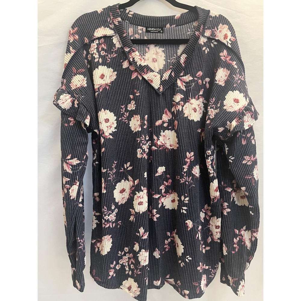 Heimish USA Floral Ribbed Ruffle Shoulder V-Neck Top Purple 2X ET7948-10PLUS